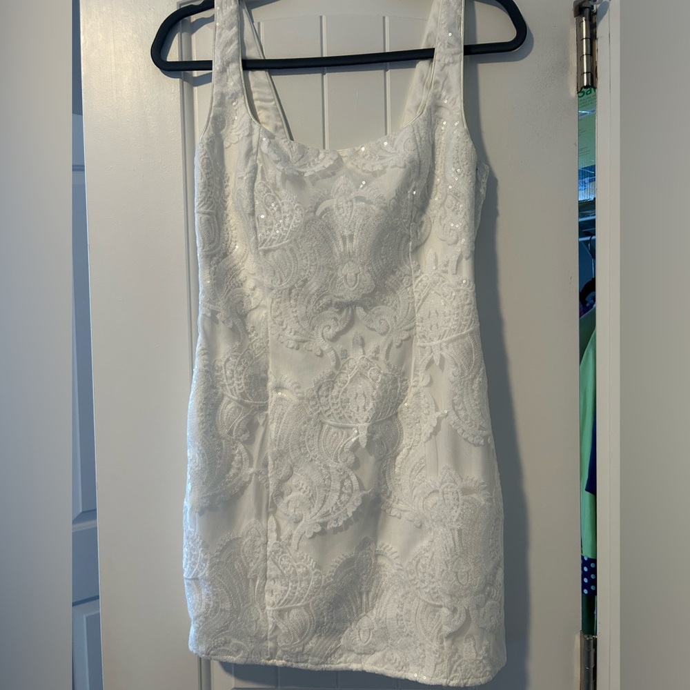 Lulu's White Lace Embellished Sheath Dress